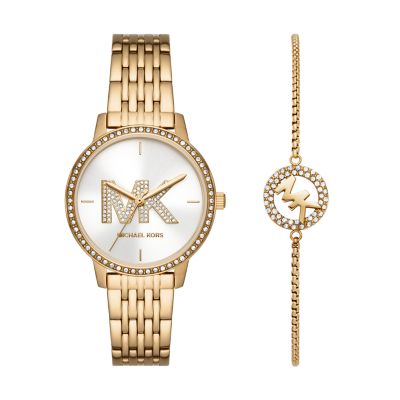 Michael Kors Women's Three-Hand Gold-Tone Stainless Steel Watch And Slider Bracelet Set - Gold