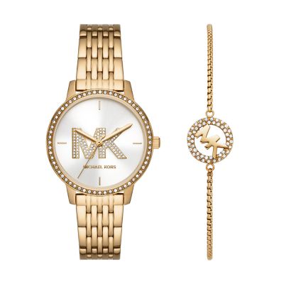 Michael Kors Three Hand Gold Tone Stainless Steel Watch and Slider