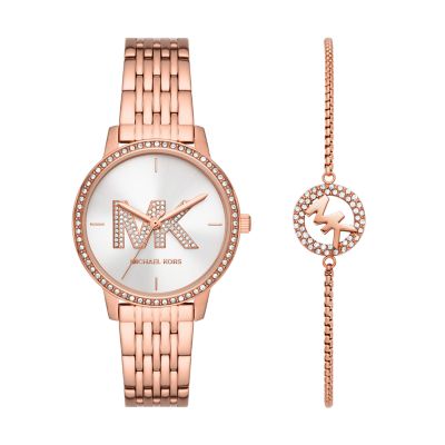 Michael Kors Three-Hand Rose Gold-Tone Stainless Steel Watch and Slider  Bracelet Set - MK1052SET - Watch Station