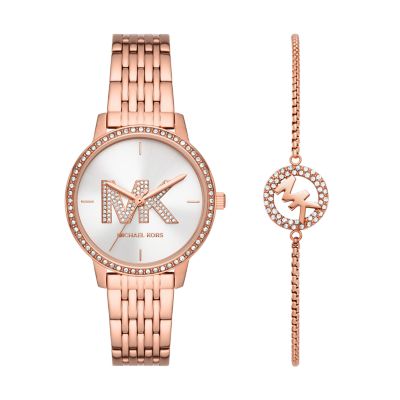 Michael Kors Three Hand Rose Gold Tone Stainless Steel Watch and