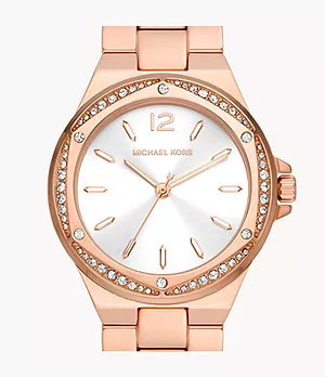 Michael Kors Lennox Three-Hand Rose Gold-Tone Stainless Steel Watch and Sterling Bracelet Set