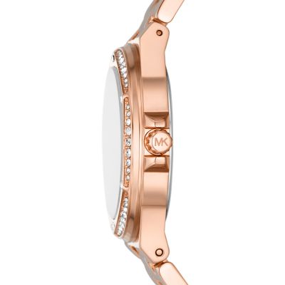 Michael Kors Lennox Three Hand Rose Gold Tone Stainless Steel Watch and Sterling Bracelet Set