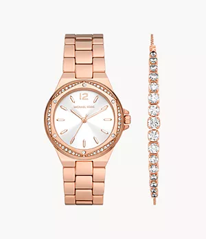 Michael Kors Lennox Three-Hand Rose Gold-Tone Stainless Steel Watch and Sterling Bracelet Set