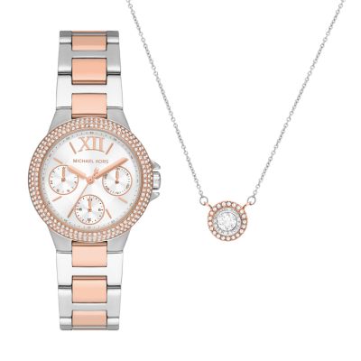 Michael Kors Mini Camille Multifunction Two-Tone Stainless Steel Watch and  Steel Necklace Set