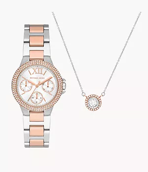 Michael Kors Mini Camille Multifunction Two-Tone Stainless Steel Watch and Steel Necklace Set