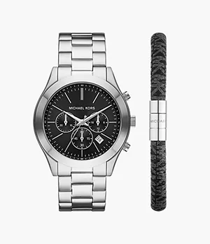 Coffret montre Slim Runway de Michael Kors chronographe, en acier inoxydable, et bracelet en PVC