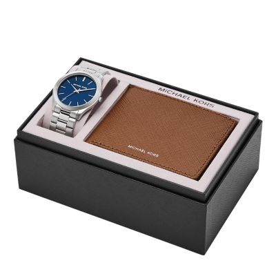 Michael Kors Slim Runway Three-Hand Stainless Steel Watch and Luggage  Saffiano Leather Wallet Set - MK1060SET - Watch Station