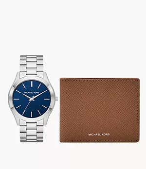 Michael Kors Slim Runway Three-Hand Stainless Steel Watch and Luggage Saffiano Leather Wallet Set