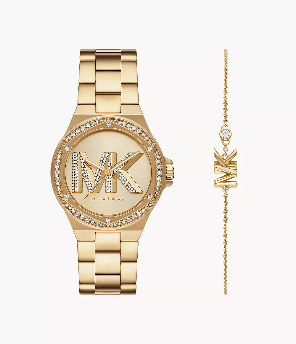 Michael Kors Lennox Three-Hand Gold-Tone Stainless Steel Watch and 14 Karat  Gold Bracelet Set - MK1062SET - Watch Station