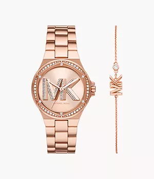 Michael Kors Lennox Three-Hand Rose Gold-Tone Stainless Steel Watch and 14 Karat Rose Gold Bracelet Set