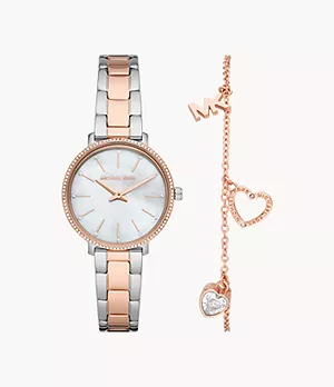Michael Kors Pyper Two-Hand Two-Tone Stainless Steel Watch and Brass Bracelet Set