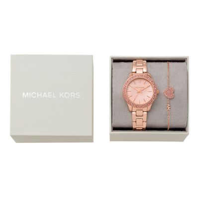 Michael Kors Liliane Three Hand Rose Gold Tone Stainless Steel Watch and Stainless Steel Bracelet Set MK1068SET Watch Station