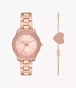 Michael Kors Liliane Three-Hand Rose Gold-Tone Stainless Steel Watch and Stainless Steel Bracelet Set
