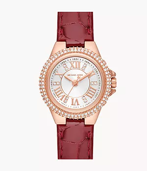 Michael Kors Camille Three-Hand Red Croco Leather Watch and Stainless Steel Bracelet Set