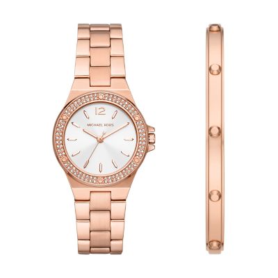 Michael Kors Lennox Three Hand Rose Gold Tone Stainless Steel