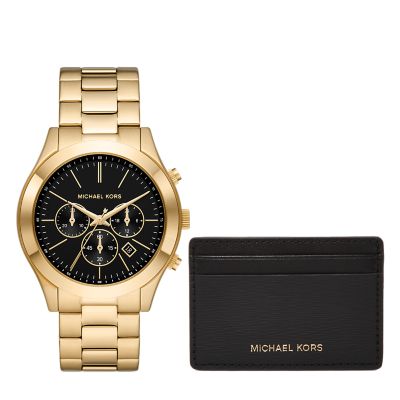 Michael Kors Slim Runway Chronograph Gold Tone Stainless Steel Watch and Slim Card Case Set MK1076SET Watch Station