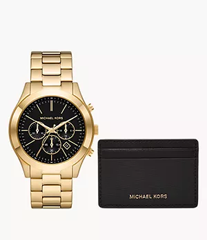 Michael Kors Slim Runway Chronograph Gold-Tone Stainless Steel Watch and Slim Card Case Set