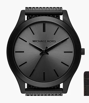 Michael Kors Runway Three-Hand Black Stainless Steel Mesh Watch and Wallet Gift Set