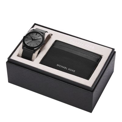 Michael Kors Runway Three-Hand Black and Steel MK1085SET Station Watch Stainless Set - Wallet Mesh Watch - Gift