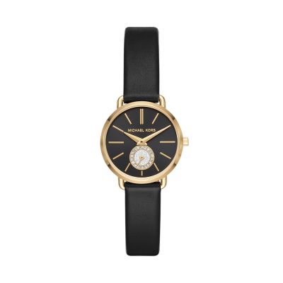 hulkende At bygge Socialist Michael Kors Women's Petite Portia Three-Hand Black Leather Watch - MK2750  - Watch Station