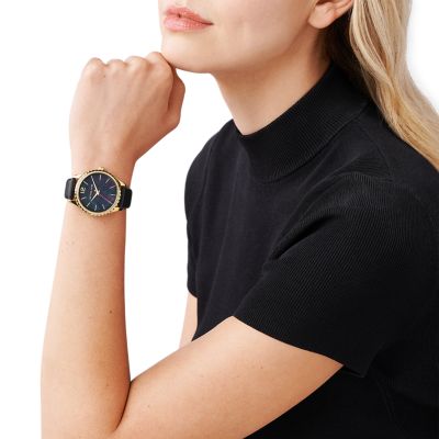 Michael Kors Layton Three Hand Black Leather Watch MK2911