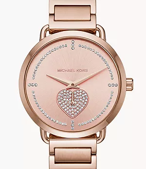 Coffret cadeau de montre en acier inoxydable de ton or rose pour femmes Portia et bracelet Michael Kors