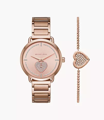 Michael Kors Women's Portia Rose Gold-Tone Stainless Steel Watch and  Bracelet Gift Set