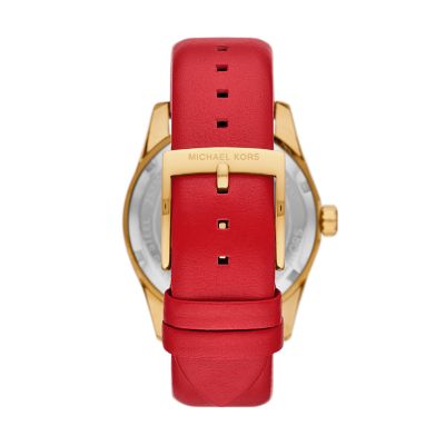 Michael kors red 2025 leather watch