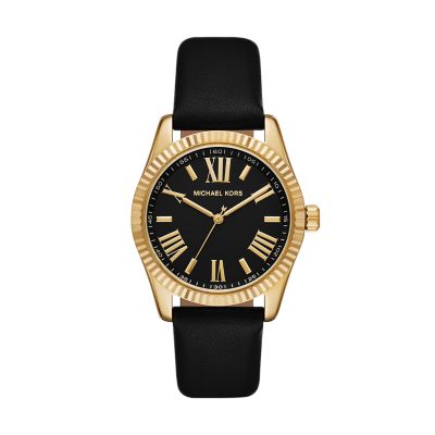 Michael Kors Women's Lexington Three-Hand Black Leather Watch - Black