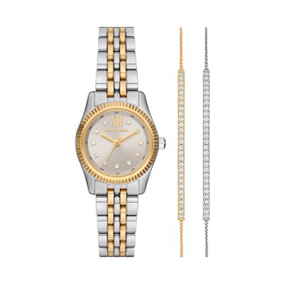 Michael Kors Lexington Three Hand Two Tone Stainless Steel Watch and Bracelets Gift Set