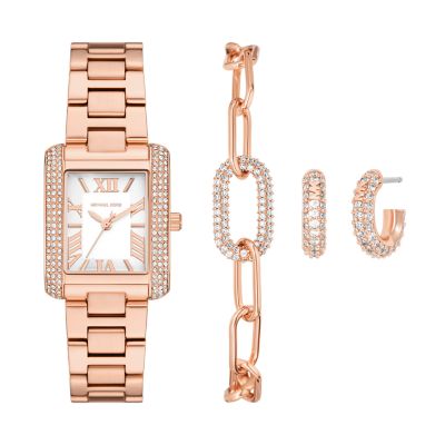 Coffret cadeau montre Emery Michael Kors a trois aiguilles en acier inoxydable avec boucles d oreilles et bracelet dore rose