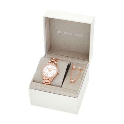 Michael Kors Lauryn Three Hand Rose Gold Tone Stainless Steel Watch Earrings and Necklace Gift Set MK4850SET Watch Station