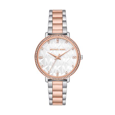 Doré rose,Argenté for Montre à trois aiguilles en acier inoxydable ton or rose pour femmes Pyper Michael Kors