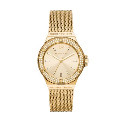 Michael Kors Lennox Three Hand Gold Tone Stainless Steel Mesh