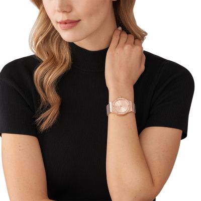 Michael Kors Lennox Three-Hand Rose Gold-Tone Stainless Steel Mesh