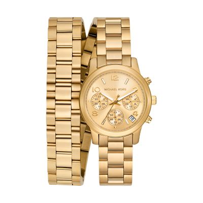 Michael Kors Women's Runway Chronograph Gold-Tone Stainless Steel Double Wrap Bracelet Watch - Gold