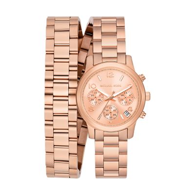 Michael Kors Women's Runway Chronograph Rose Gold-Tone Stainless Steel Double Wrap Bracelet Watch - Rose Gold