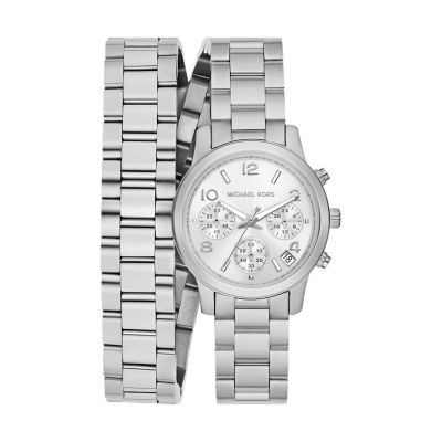 Michael Kors Women's Runway Chronograph Stainless Steel Double Wrap Bracelet Watch - Silver