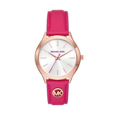 Michael Kors Slim Runway Three Hand Deep Pink Leather Watch