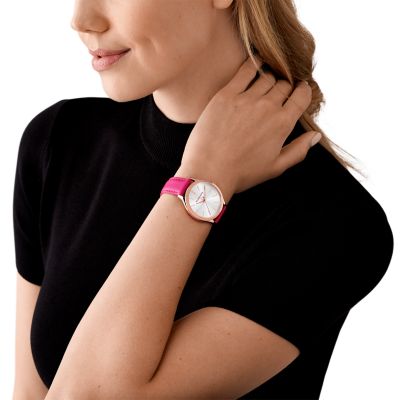 Michael Kors Slim Runway Three Hand Deep Pink Leather Watch