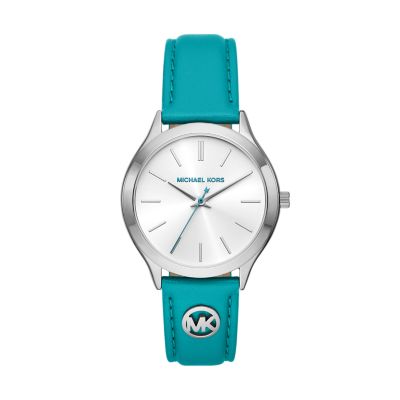 Michael Kors Women's Slim Runway Three-Hand Santorini Blue Leather Watch - Blue