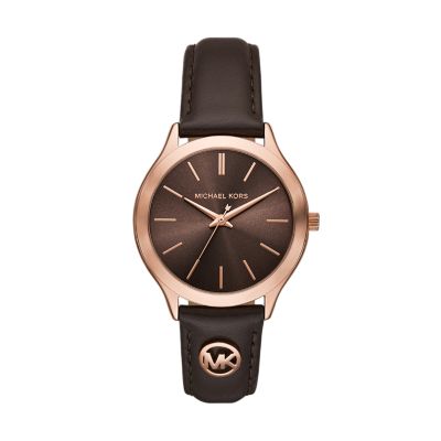 Michael Kors Slim Runway Three Hand Chocolate Leather Watch