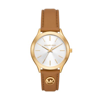 Brown for Michael Kors Slim Runway Three-Hand White Leather Watch