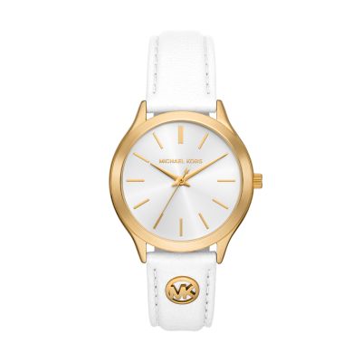 White for Michael Kors Slim Runway Three-Hand White Leather Watch