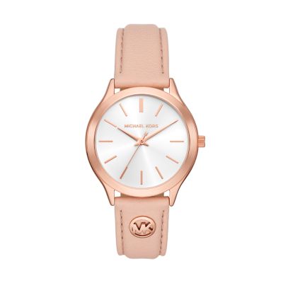 Pink for Michael Kors Slim Runway Three-Hand White Leather Watch