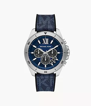 Montre chronographe en silicone noir avec incrustation en PVC bleu marine Brecken Michael Kors