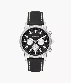 Michael Kors Hutton Chronograph Black Leather Watch