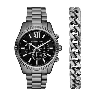 Gunmetal for Michael Kors Lexington Chronograph Gunmetal Stainless Steel Watch Set