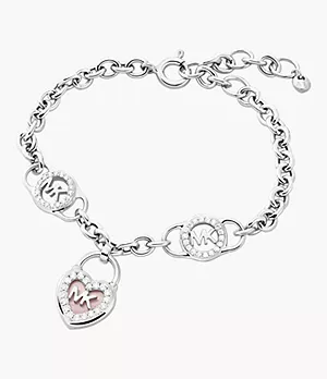 Michael Kors Sterling Silver Mother of Pearl Heart Lock Line Bracelet