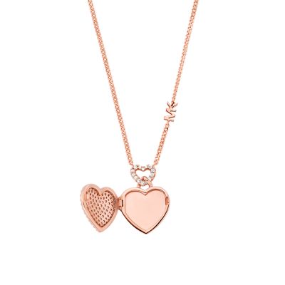 Michael Kors 14K Rose Gold Plated Pave Heart Locket Necklace MKC1566AN791 Watch Station